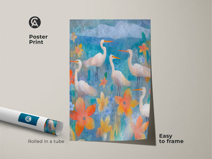 Poster Print of Eclectic Egret and Floral Canvas. The teal blue nature poster is easy to frame. Bird themed home decor that adds character to any space. Rolled in a tube for secure shipping.