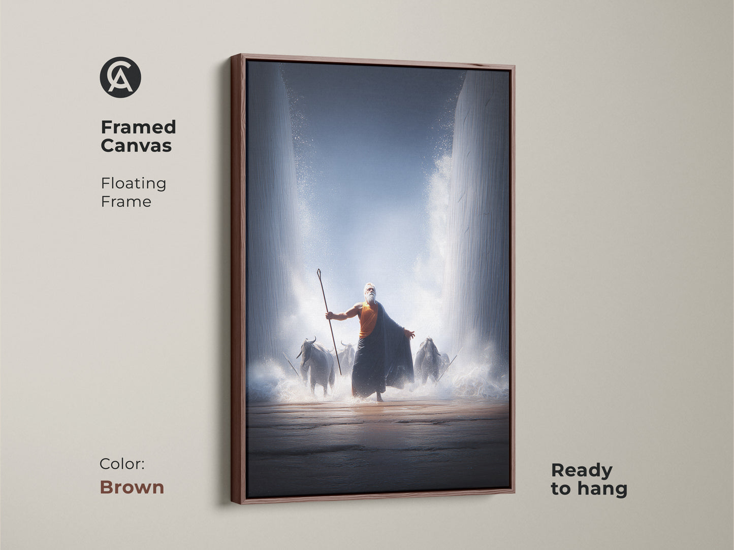 Moses parts the Red Sea in this framed canvas. A floating brown frame complements this biblical artwork. Ready to hang in any space. The epic bible scene features dark blue and orange tones. Ideal for a study room or office decor. This is a unique gift for faith collectors. The canvas captures a powerful bible story.