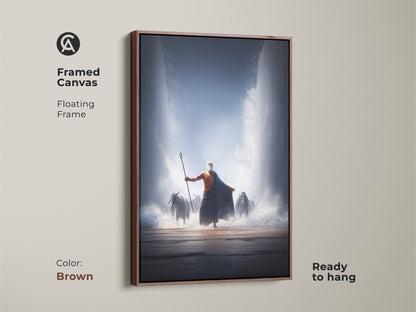 Moses parts the Red Sea in this framed canvas. A floating brown frame complements this biblical artwork. Ready to hang in any space. The epic bible scene features dark blue and orange tones. Ideal for a study room or office decor. This is a unique gift for faith collectors. The canvas captures a powerful bible story.