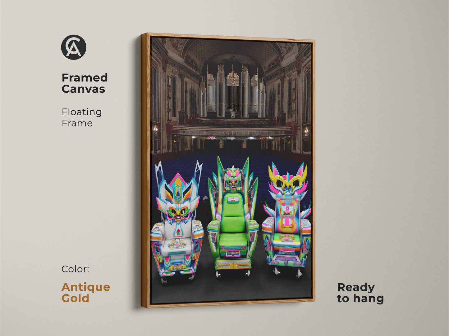 Antique gold framed canvas featuring neon pink and electric blue fantasy chairs artwork. Floating frame adds a touch of elegance. This pop surrealism piece is ideal for a theatrical setting. Bring an artistic touch to your living room with this vibrant wall art.