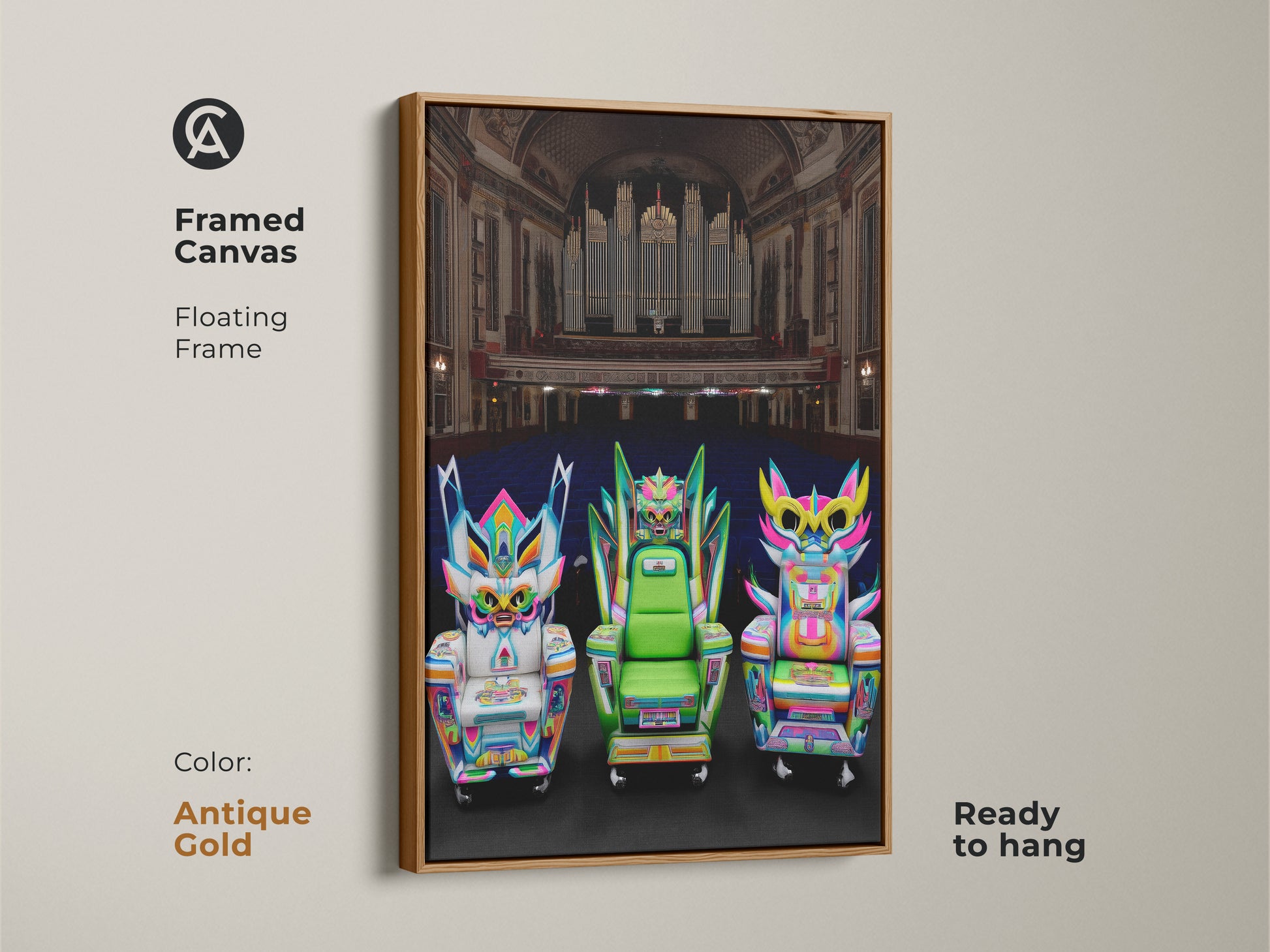 Antique gold framed canvas featuring neon pink and electric blue fantasy chairs artwork. Floating frame adds a touch of elegance. This pop surrealism piece is ideal for a theatrical setting. Bring an artistic touch to your living room with this vibrant wall art.