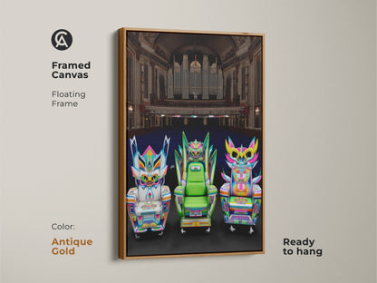 Antique gold framed canvas featuring neon pink and electric blue fantasy chairs artwork. Floating frame adds a touch of elegance. This pop surrealism piece is ideal for a theatrical setting. Bring an artistic touch to your living room with this vibrant wall art.