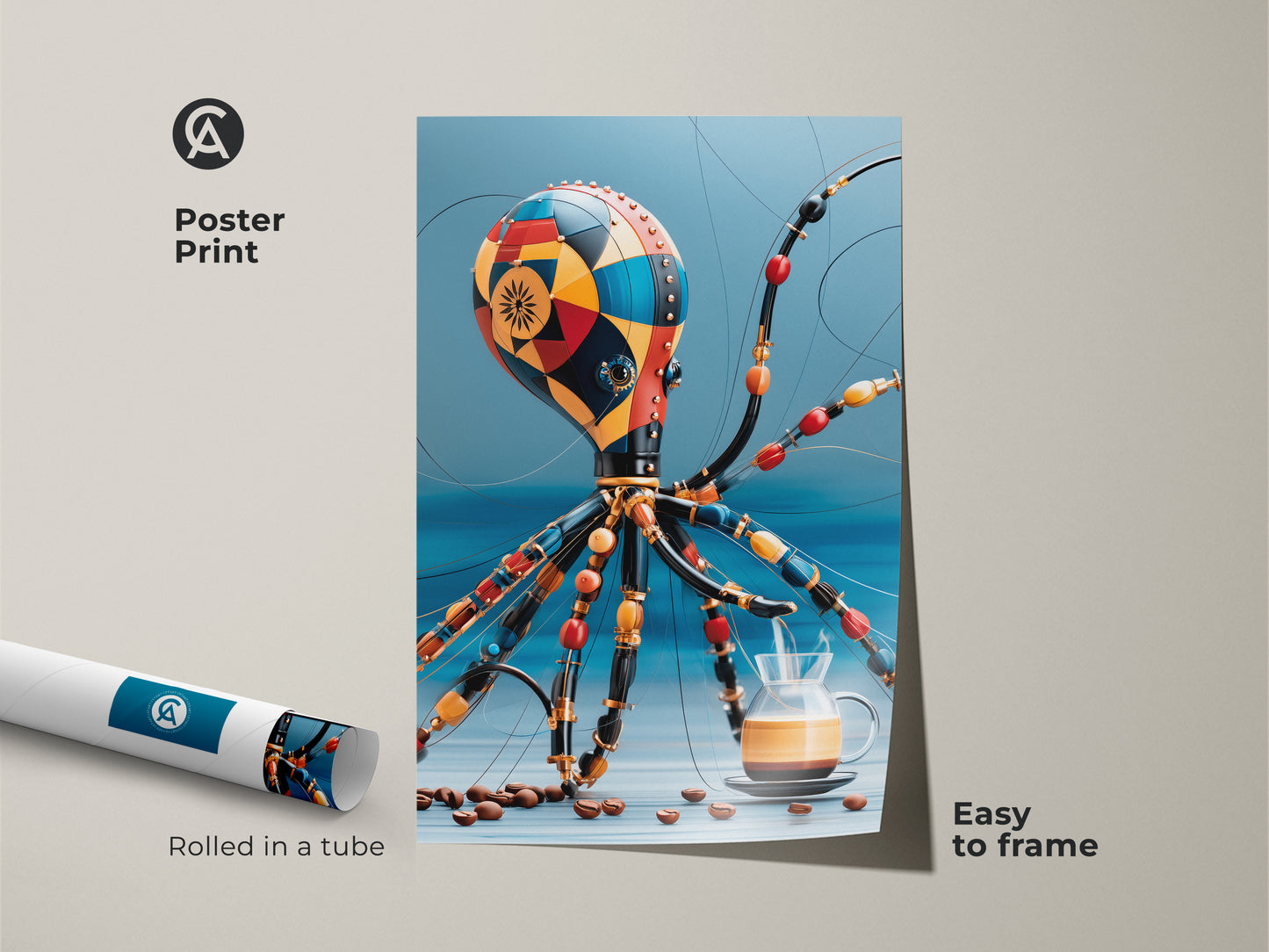 Steampunk Octopus poster print that is easy to frame. Surreal coffee pour-over artwork. It's great octopus wall art for the kitchen. Great as a gift idea for coffee lovers. It suits eclectic cafe decor. It is a red orange and blue wall art.