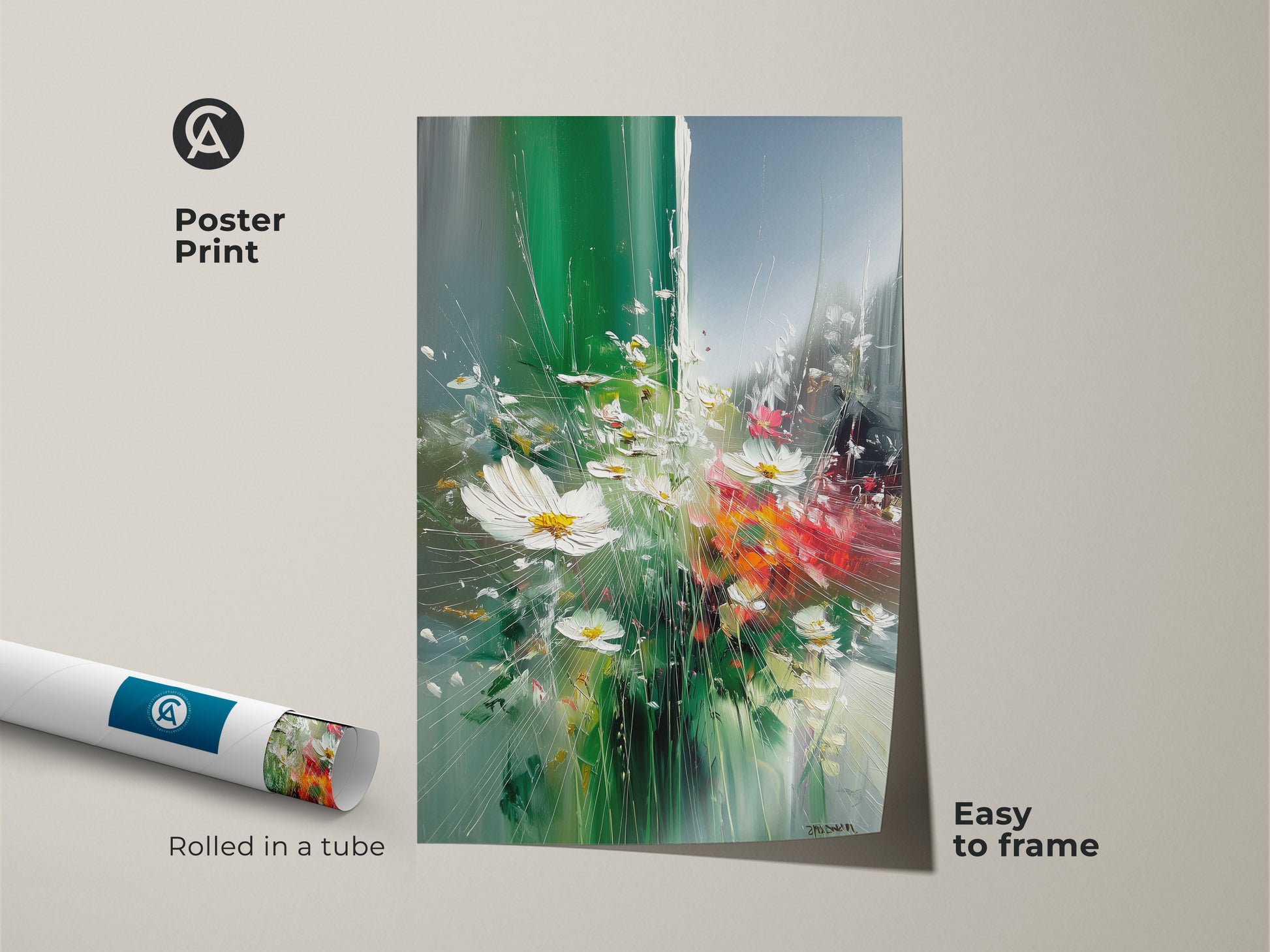 Poster print of emerald green wildflower art rolled in a tube. Easy to frame botanical nature wall art ready for your living space. The impressionistic daisy canvas print offers a vivid art. Ideal for eclectic home decor and plant lovers.