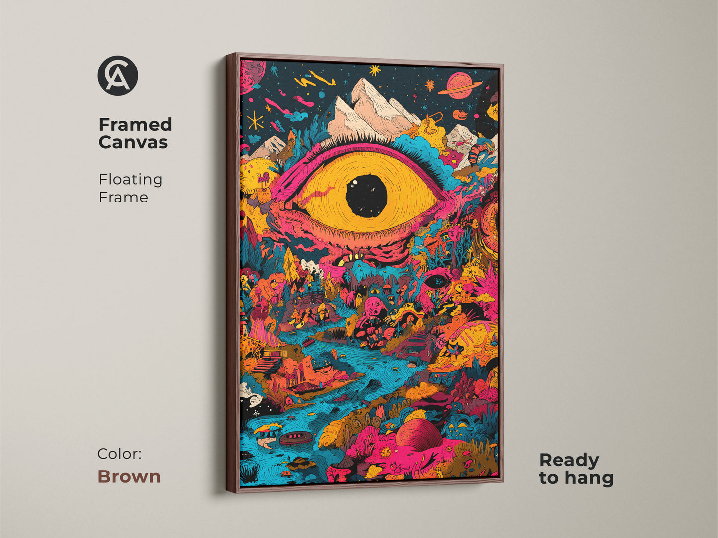 This framed canvas artwork showcases a surreal eye floating above a colorful dreamscape. The brown floating frame adds warmth to the piece. Ready to hang this artwork is a bold statement piece. Add a touch of cosmic surrealism to your home.