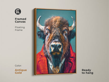Framed canvas art of a buffalo in a suit with an antique gold floating frame. This elegant artwork is ready to hang and adds a luxurious feel to your walls. The gold frame enhances the buffalo's regal appearance. Perfect for adding a touch of opulence.