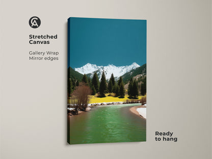 Stretched canvas print of a mountain river landscape. The gallery wrap features mirror edges and is ready to hang. The artwork showcases pine trees snowy peaks and teal-green water. Ideal for adding nature scenic art to any room.