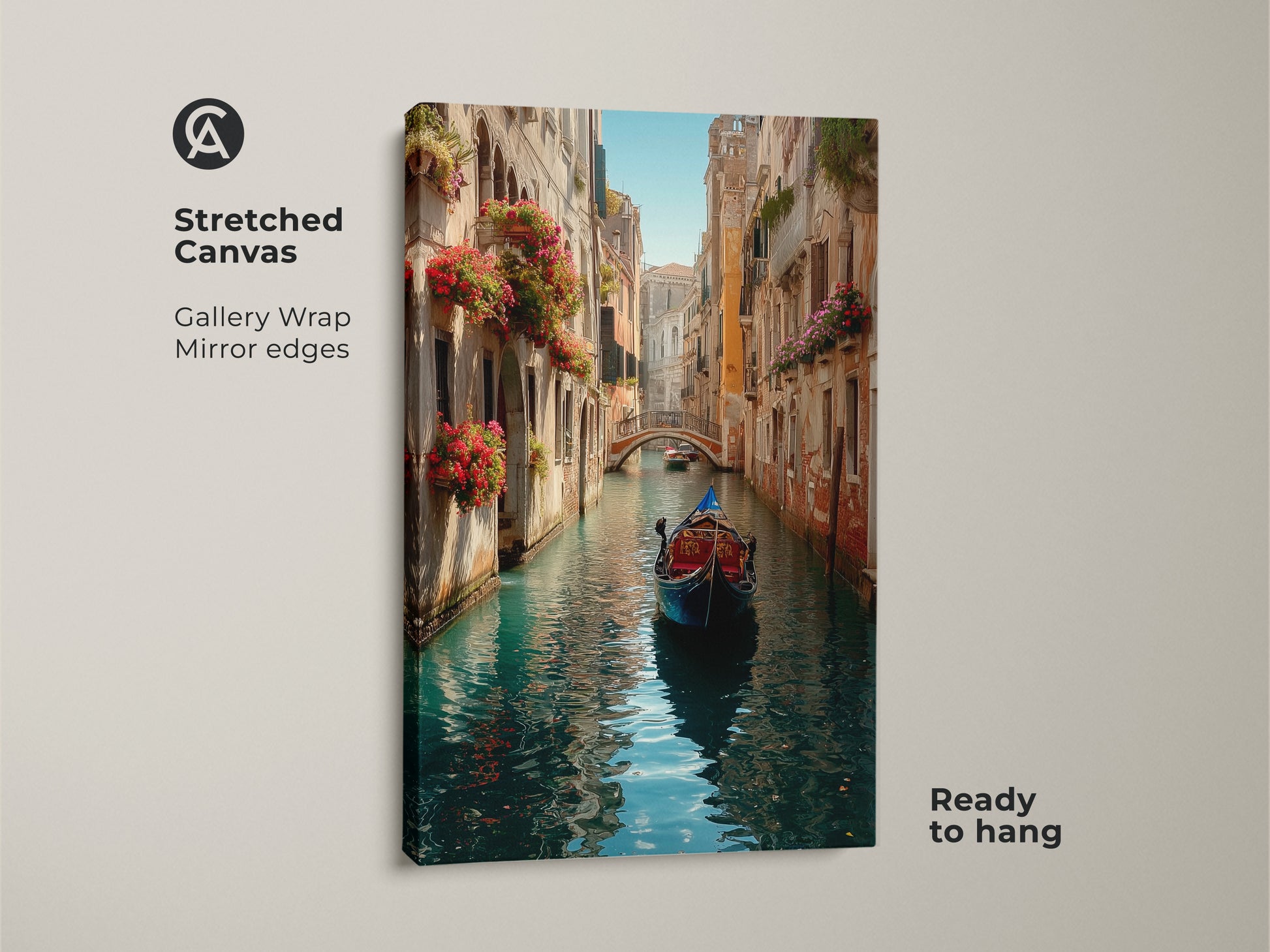 This stretched canvas artwork brings Venice to your home. A gondola floats on a canal lined with historic buildings. Red flowers cascade from window boxes creating a romantic view. The gallery wrap has mirrored edges and is ready to hang adding Italian charm.