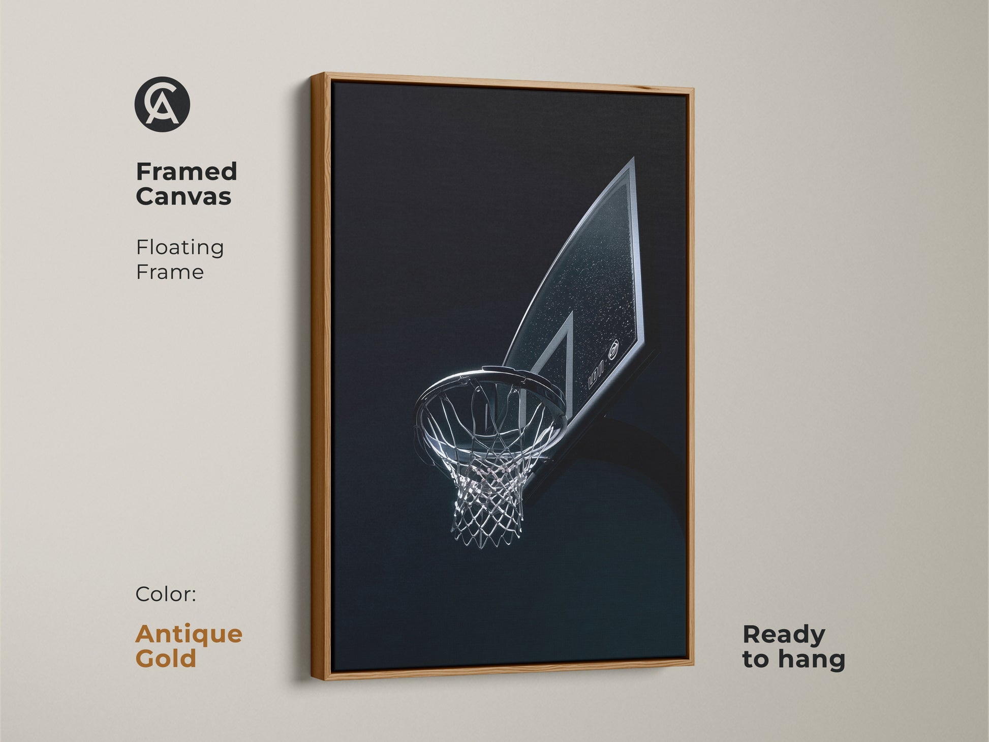 Framed canvas art with a basketball hoop and antique gold floating frame. This silver and dark blue artwork is great for office wall decor. It is a unique man cave gift for sports fans.