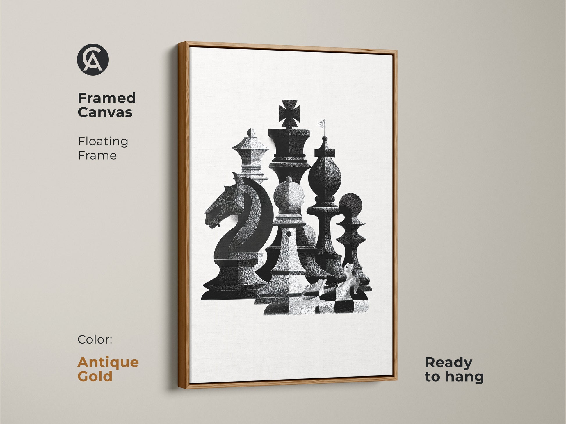 Elevate your space with this framed canvas featuring abstract chess art. The floating frame adds a touch of sophistication. This monochrome wall art is ready to hang. The geometric knight print serves as modern office decor in antique gold.