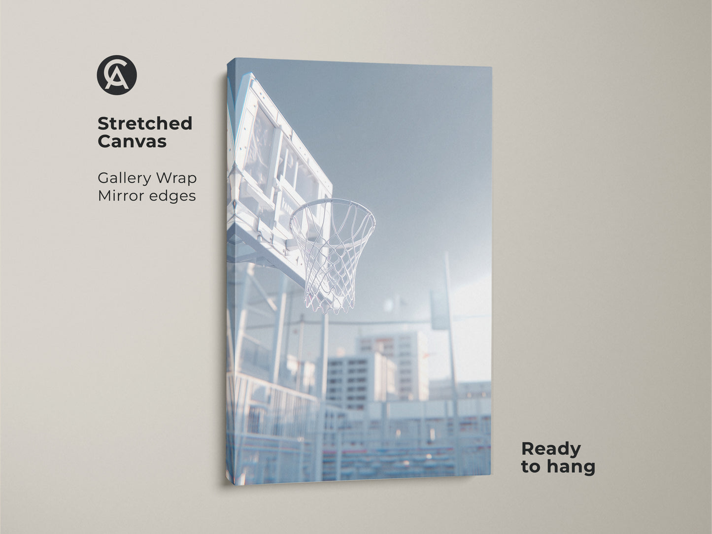 Stretched canvas art of a basketball hoop. This gallery wrapped canvas features mirrored edges. The low angle shot captures the net and sunlight shining through. Find art prints online today.