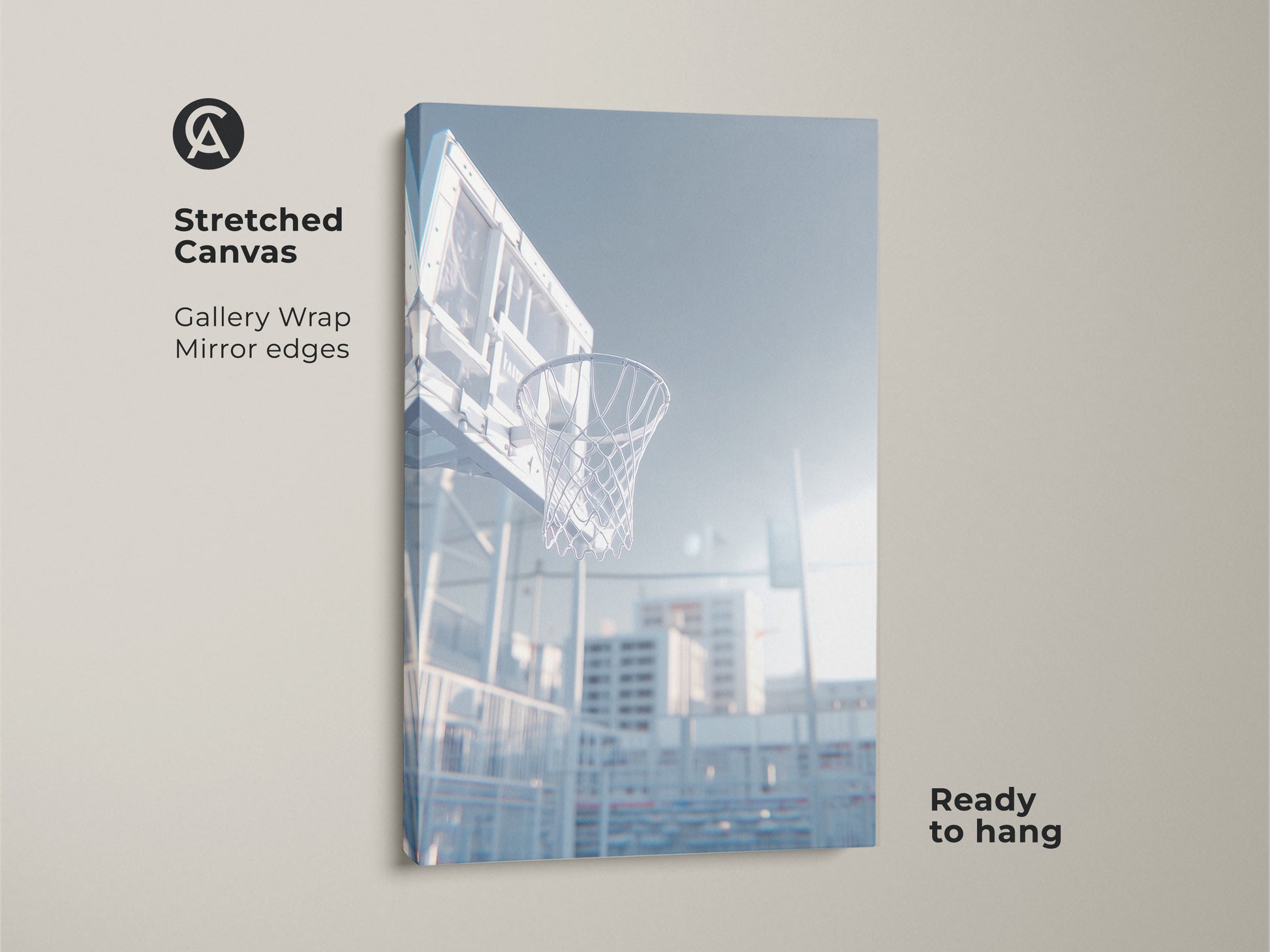 Stretched canvas art of a basketball hoop. This gallery wrapped canvas features mirrored edges. The low angle shot captures the net and sunlight shining through. Find art prints online today.