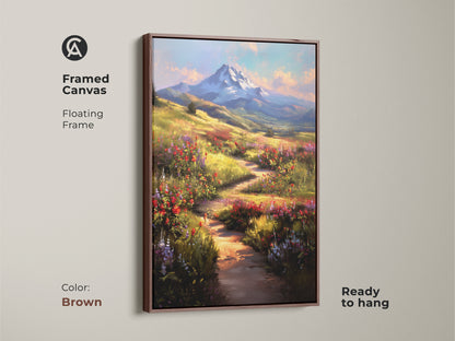 Framed canvas art showcasing an impressionistic wildflower meadow canvas. The brown floating frame complements this painterly mountain scene. Enjoy the blend of blue yellow and green hues in this nature wall decor. A perfect piece of art for nature lovers and ideal as a housewarming gift.