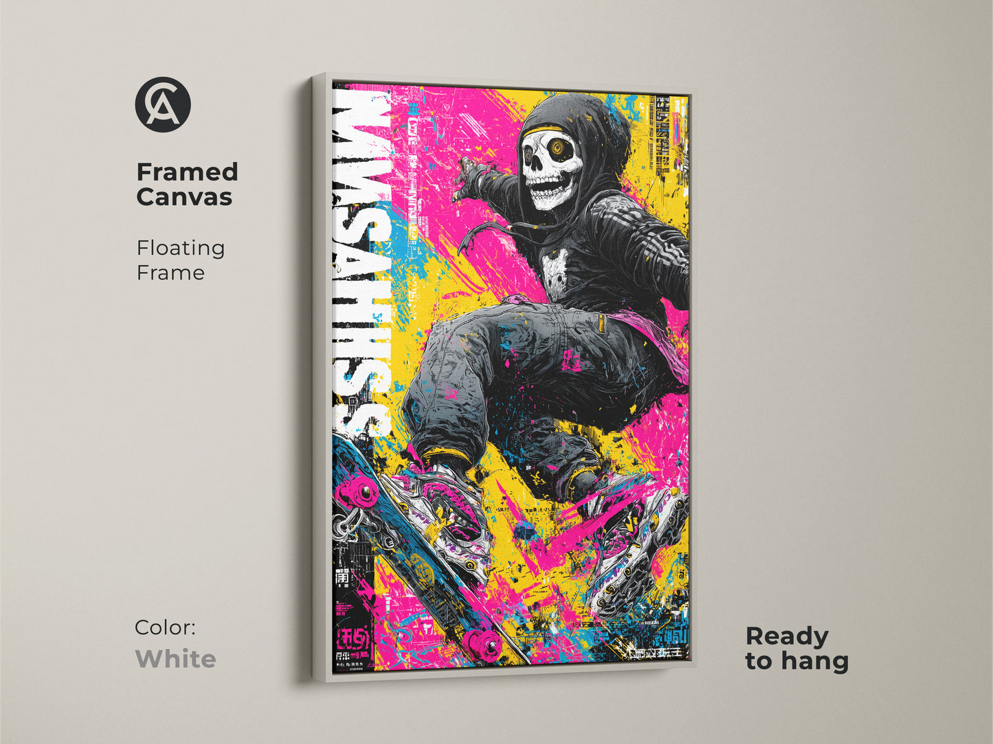 Framed canvas art print of a skull skateboarder. This artwork with a white floating frame offers a clean modern look. Ready to hang this piece enhances any decor. The urban style and vibrant colors create an eye-catching display. It is a perfect addition to any art collection.