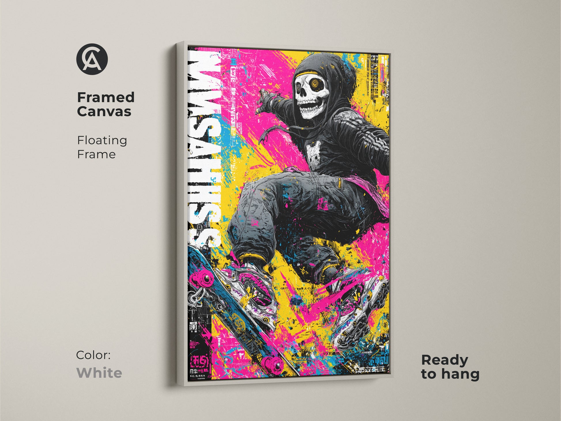 Framed canvas art print of a skull skateboarder. This artwork with a white floating frame offers a clean modern look. Ready to hang this piece enhances any decor. The urban style and vibrant colors create an eye-catching display. It is a perfect addition to any art collection.