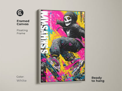 Framed canvas art print of a skull skateboarder. This artwork with a white floating frame offers a clean modern look. Ready to hang this piece enhances any decor. The urban style and vibrant colors create an eye-catching display. It is a perfect addition to any art collection.