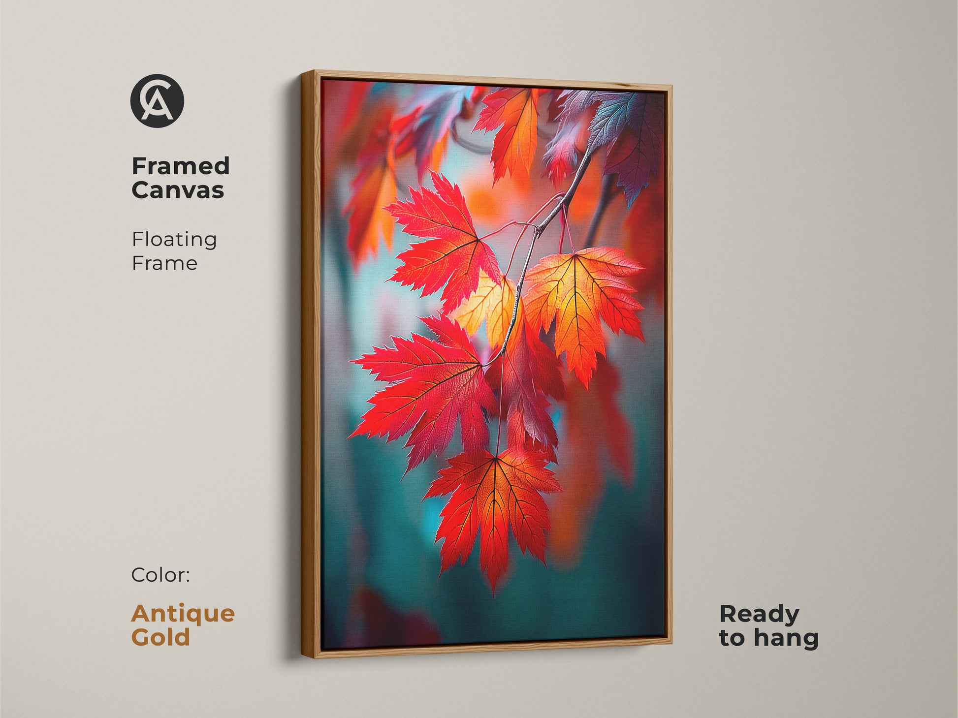 Framed canvas maple leaf artwork with an antique gold floating frame. The artwork is ready to hang. This botanical art print captures the essence of autumn. Add a touch of elegance to your home.