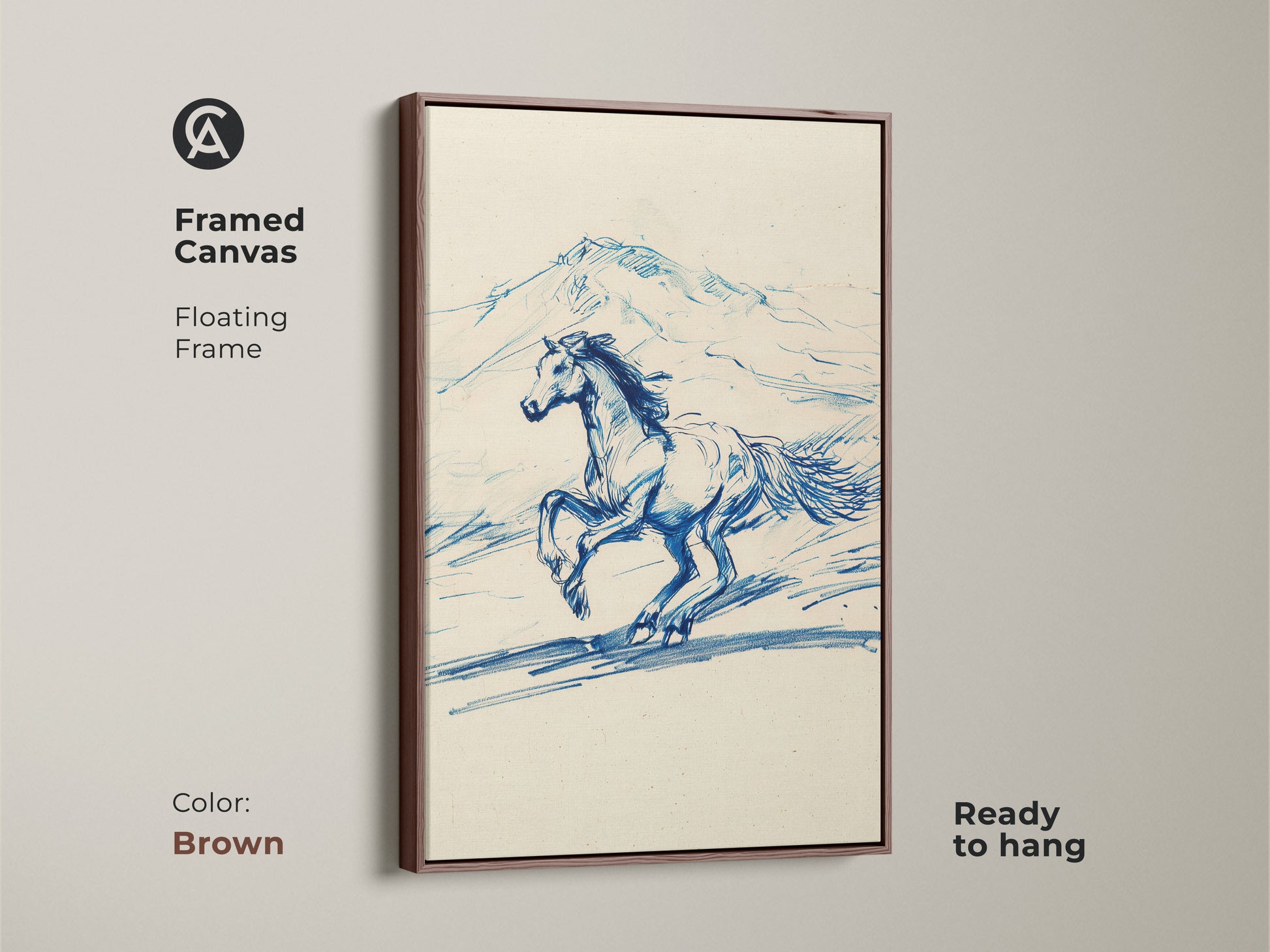 A framed canvas with a brown floating frame displays a rustic blue line art horse. This equestrian sketch print brings a touch of country style decor to your space. Ready to hang this animal wall decor is an ideal horse art gift idea.
