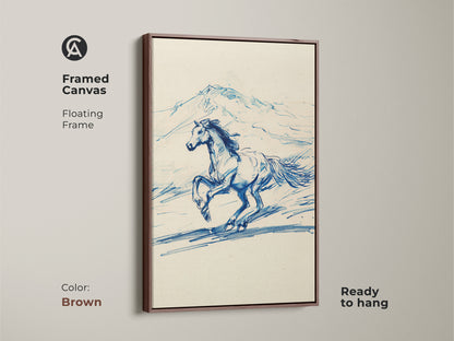 A framed canvas with a brown floating frame displays a rustic blue line art horse. This equestrian sketch print brings a touch of country style decor to your space. Ready to hang this animal wall decor is an ideal horse art gift idea.