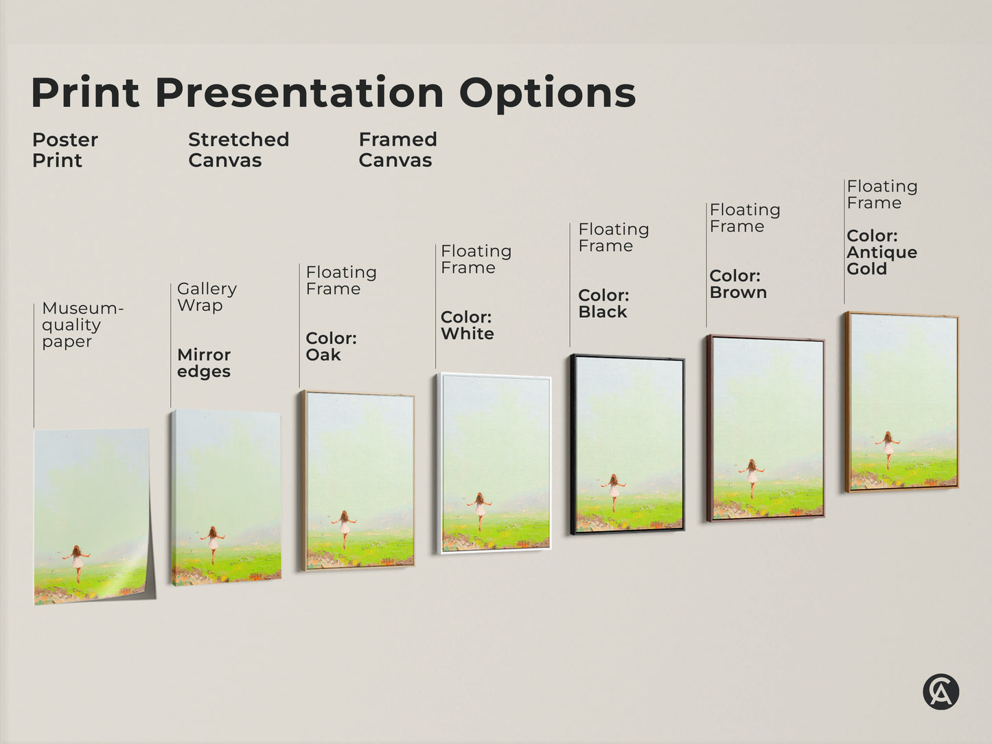 Explore our art presentation options. Choose from poster prints stretched canvas and framed canvas. Enhance your space with our expressive girl in field painting. Select the perfect format for your Emerald Green and Sky Blue artwork. Find the ideal art for your boho decor and nature-inspired spaces.