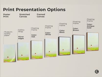 Explore our art presentation options. Choose from poster prints stretched canvas and framed canvas. Enhance your space with our expressive girl in field painting. Select the perfect format for your Emerald Green and Sky Blue artwork. Find the ideal art for your boho decor and nature-inspired spaces.