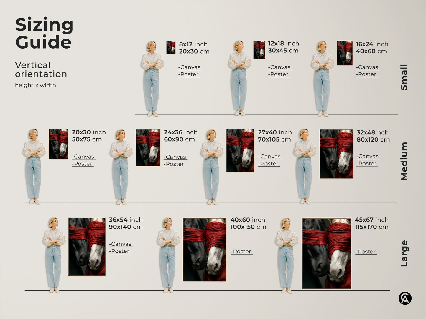 Sizing guide for surreal horse art prints and canvases. Visualize the artwork in various sizes to find the perfect fit for your space. Transform your home with black white and red horse artwork a unique gift.