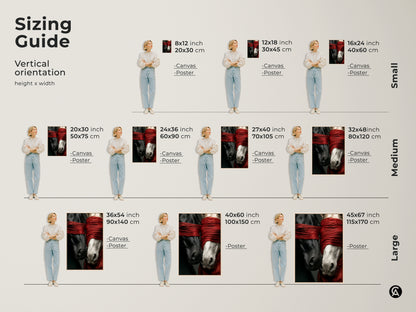 Sizing guide for surreal horse art prints and canvases. Visualize the artwork in various sizes to find the perfect fit for your space. Transform your home with black white and red horse artwork a unique gift.