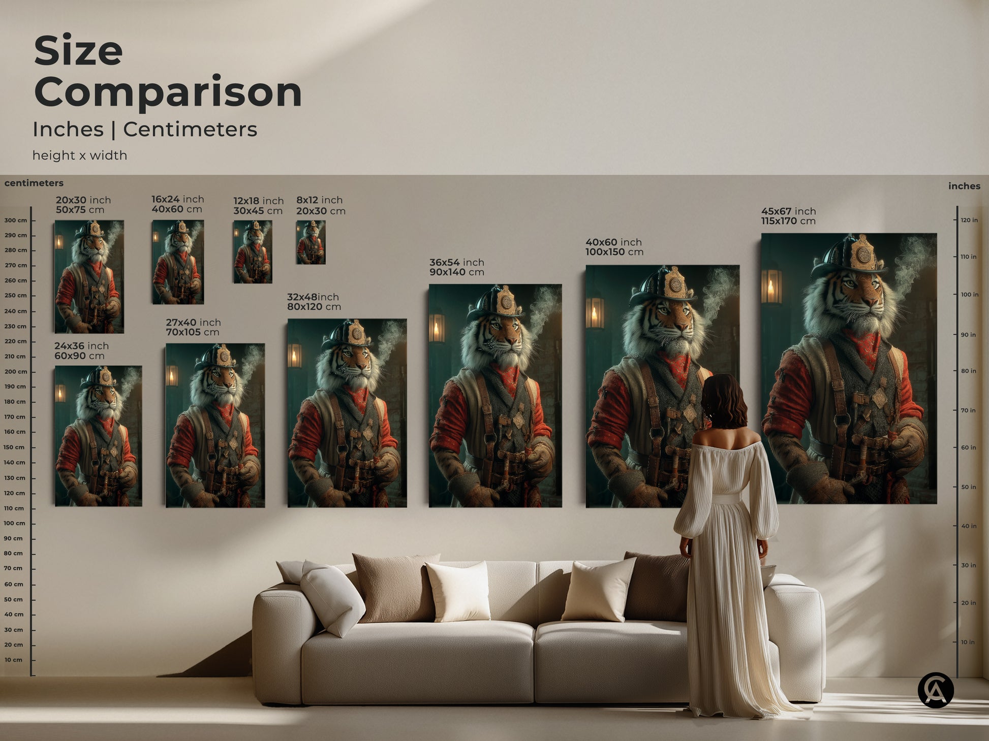 Size comparison of steampunk tiger wall art showcasing inches & centimeters. See how various sizes fit above a sofa & with a person for scale. Ranging from small to extra large the art print enhances any room. This vintage animal poster is perfect for study office or man cave wall decor.
