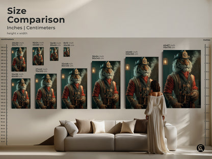 Size comparison of steampunk tiger wall art showcasing inches & centimeters. See how various sizes fit above a sofa & with a person for scale. Ranging from small to extra large the art print enhances any room. This vintage animal poster is perfect for study office or man cave wall decor.