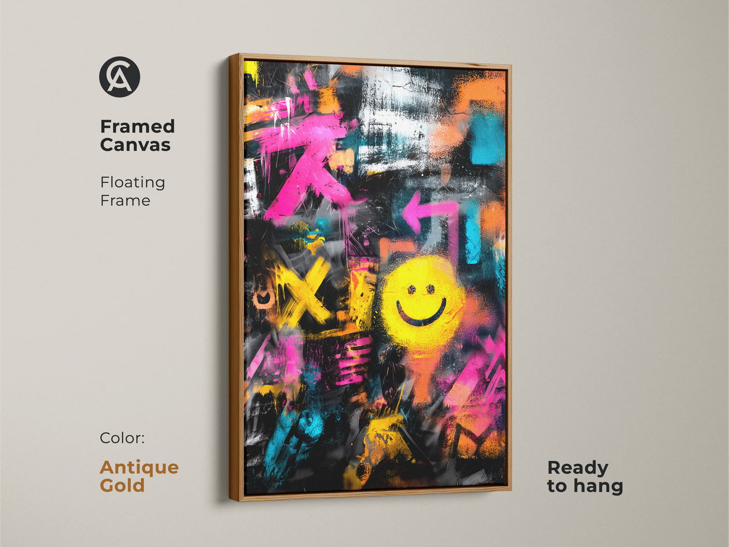 Framed Canvas with Floating Frame in Antique Gold Color. Graffiti art featuring a bright yellow smiley face. This artwork is ready to hang. It adds an urban touch to any room or office space.