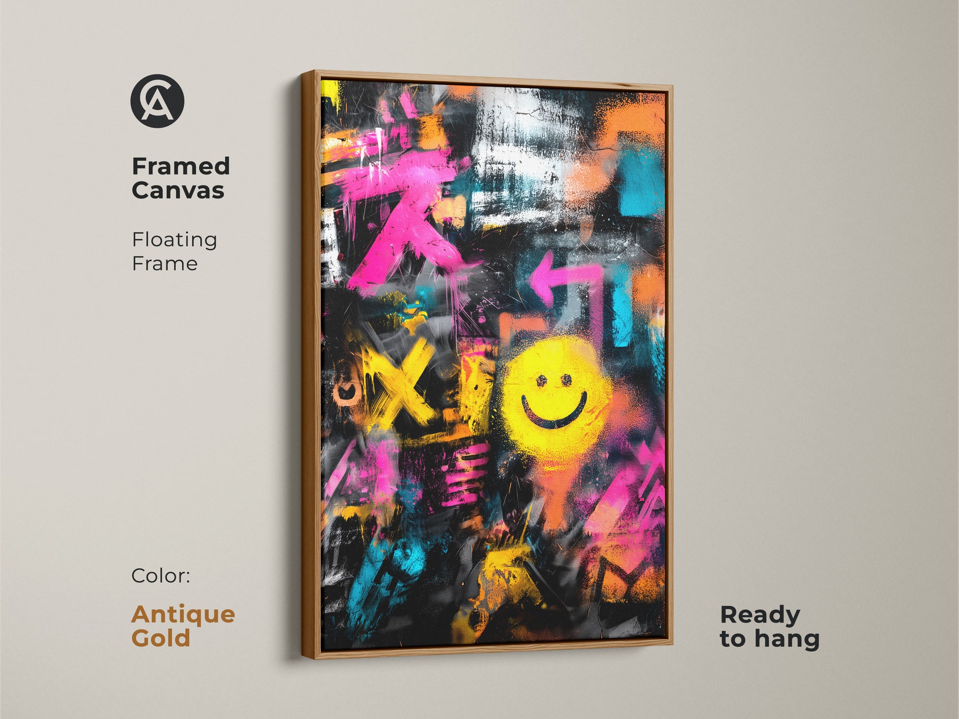Framed Canvas with Floating Frame in Antique Gold Color. Graffiti art featuring a bright yellow smiley face. This artwork is ready to hang. It adds an urban touch to any room or office space.