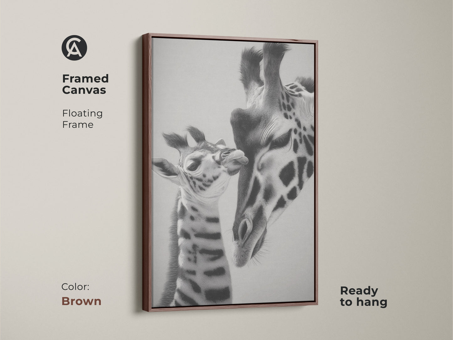 Framed canvas featuring a realistic pencil sketch. It shows a mother and baby giraffe. This brown framed animal artwork is ready to hang. This fine art giraffe is perfect as a unique animal art gift.