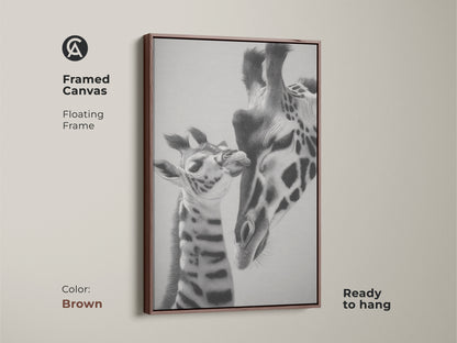 Framed canvas featuring a realistic pencil sketch. It shows a mother and baby giraffe. This brown framed animal artwork is ready to hang. This fine art giraffe is perfect as a unique animal art gift.