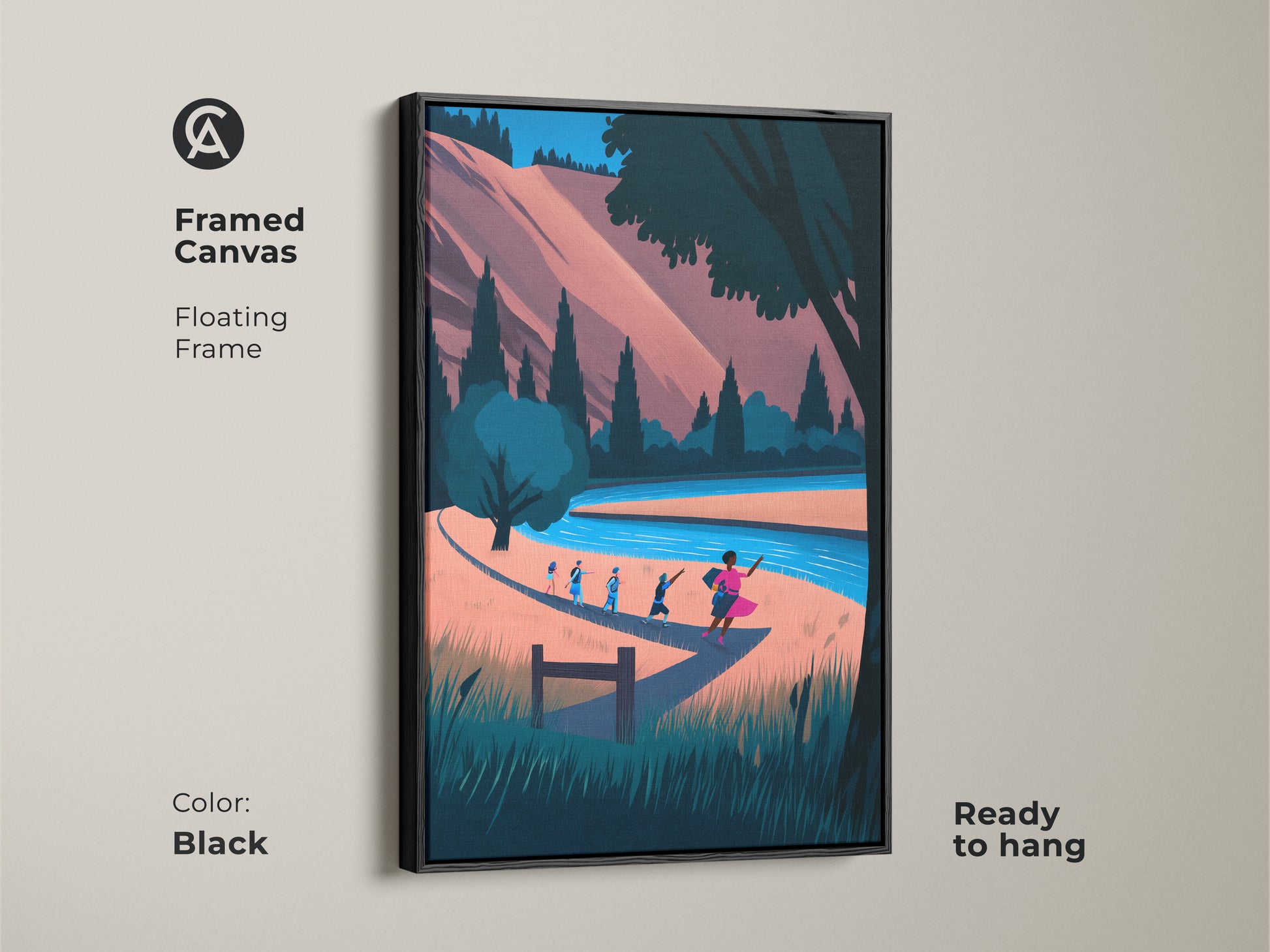 Framed Canvas version of the Boho Nature Artwork. It features hikers by a river in a landscape scene. The floating frame is black. This modern folk art print is ready to hang. The coral blue teal artwork adds a boho aesthetic to your residential wall.