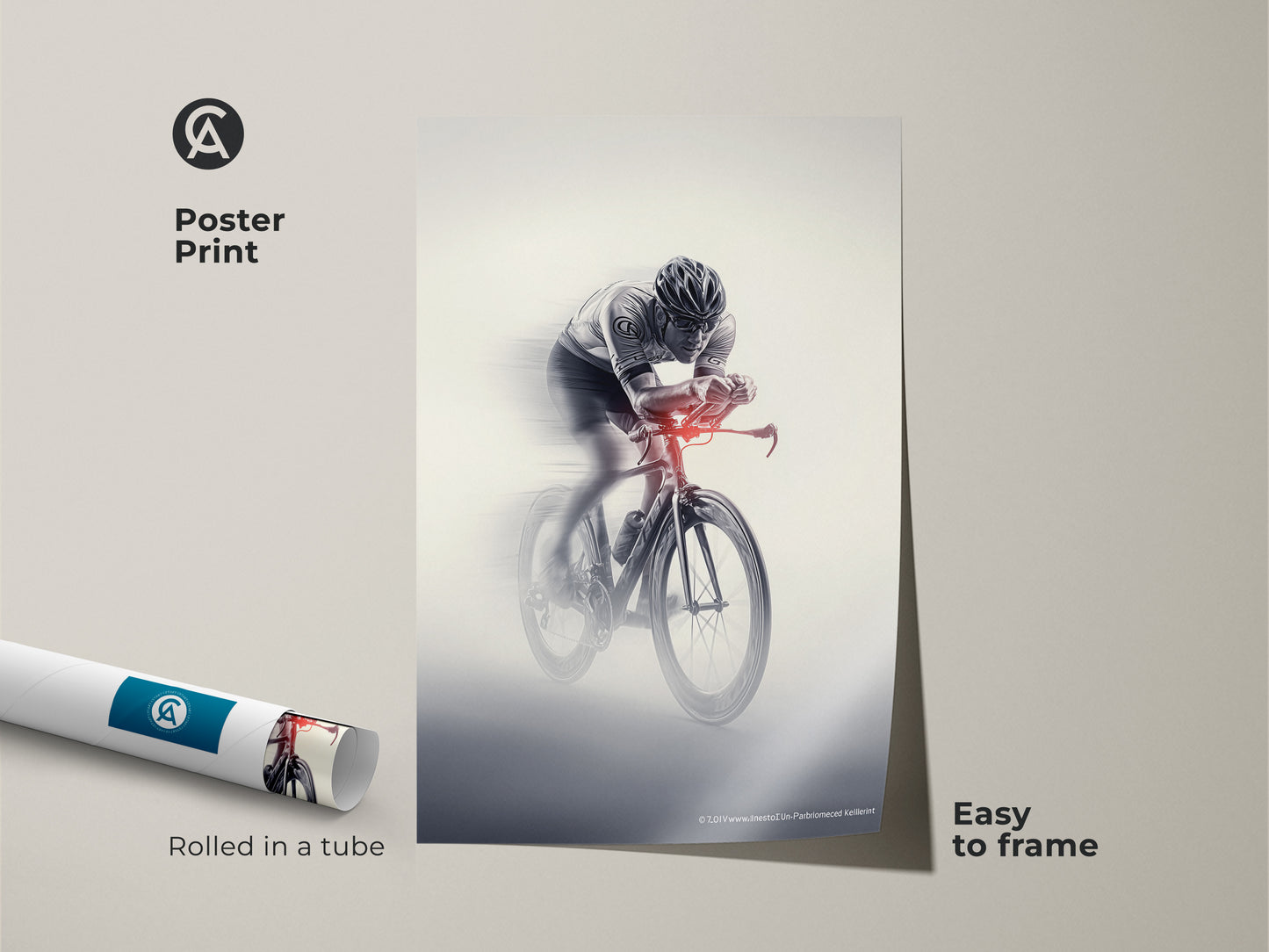 Poster print of a racing cyclist art in monochrome. This sports speed wall art comes rolled in a tube. Making it easy to frame. The dynamic cyclist decor is a perfect motivational piece for an office. This artwork embodies action.