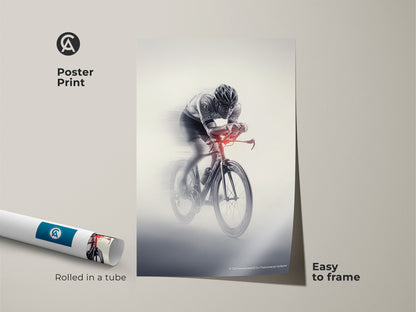 Poster print of a racing cyclist art in monochrome. This sports speed wall art comes rolled in a tube. Making it easy to frame. The dynamic cyclist decor is a perfect motivational piece for an office. This artwork embodies action.