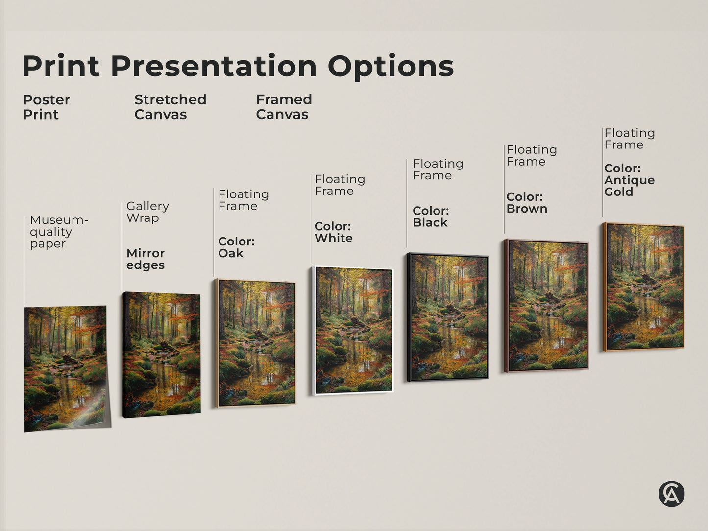 Explore print presentation options for forest stream artwork. Choose from poster stretched canvas or framed canvas. Customize your art with various frame colors. Find the perfect style to match your taste and decor.