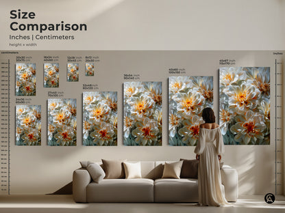 Size comparison of dahlia floral art prints in inches and centimeters. See how different sizes of canvas and poster art fit above a sofa. Visualize the impact of large-scale floral artwork in your living room. Transform your living room with a beautiful floral art.