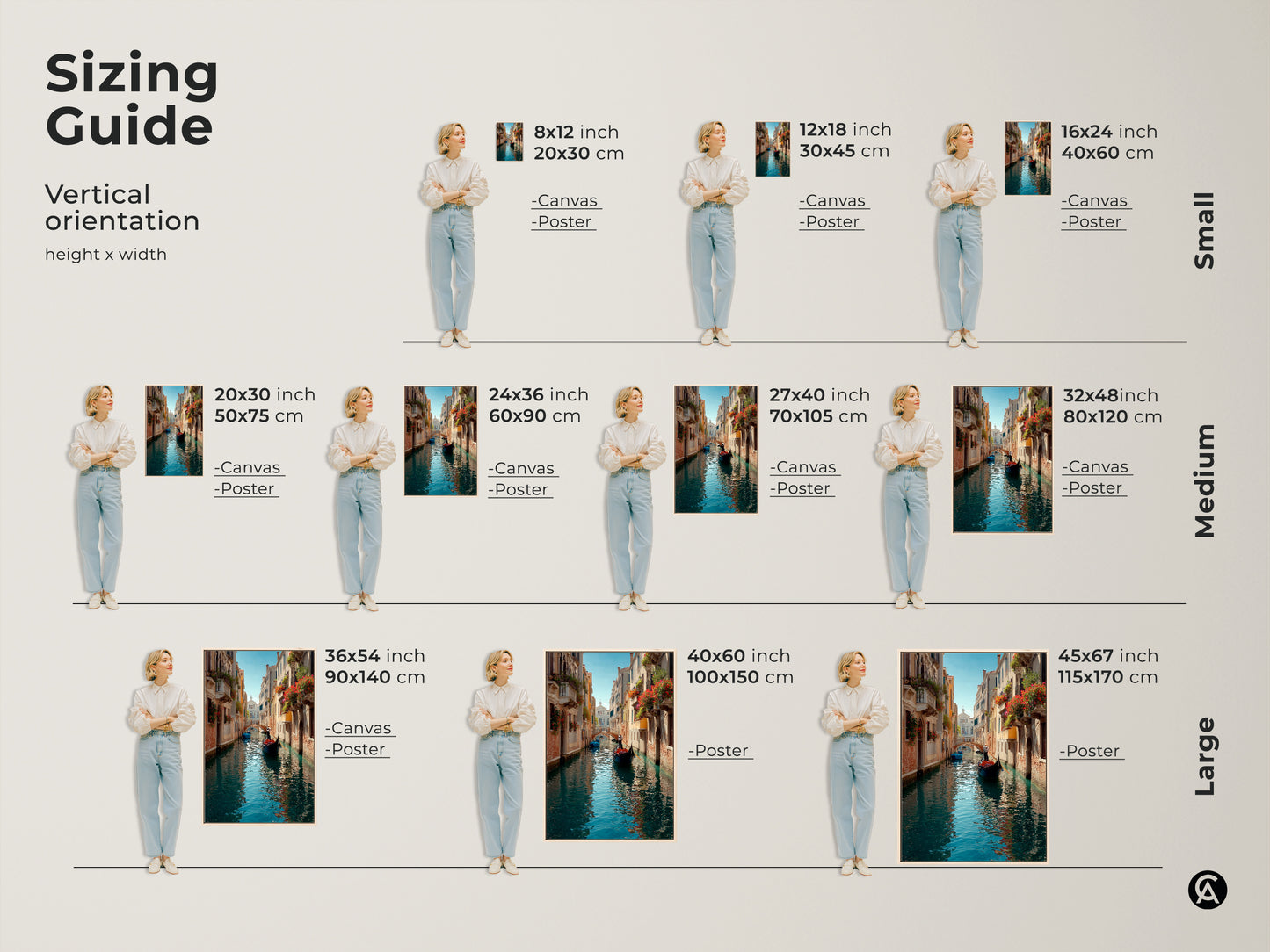 Sizing guide for vertical orientation Venice canal artwork. Options include canvas and poster prints. Sizes range from small to large. Find the perfect fit for your space. Artwork with blue aqua and teal.