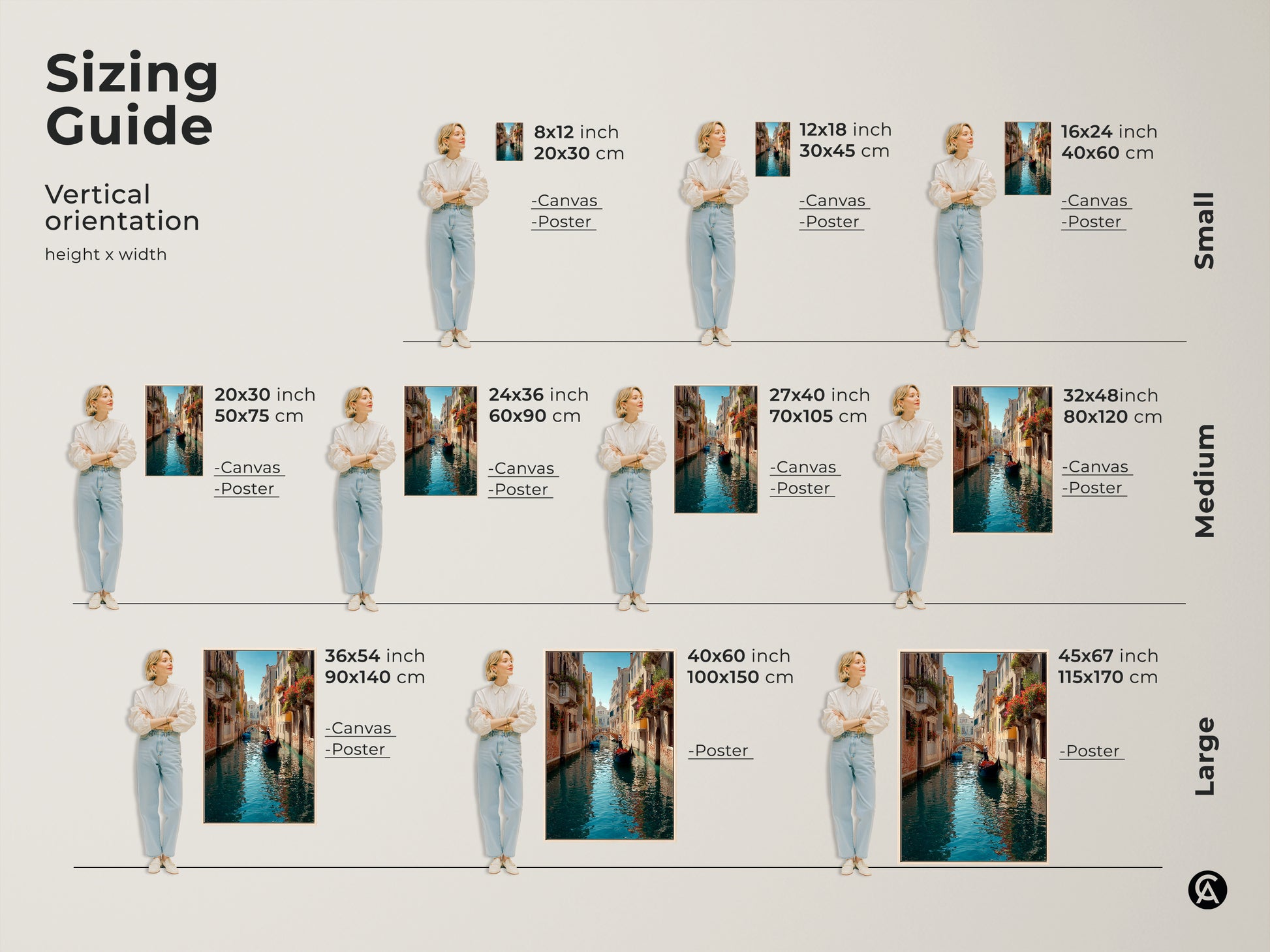 Sizing guide for vertical orientation Venice canal artwork. Options include canvas and poster prints. Sizes range from small to large. Find the perfect fit for your space. Artwork with blue aqua and teal.