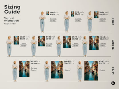 Sizing guide for vertical orientation Venice canal artwork. Options include canvas and poster prints. Sizes range from small to large. Find the perfect fit for your space. Artwork with blue aqua and teal.