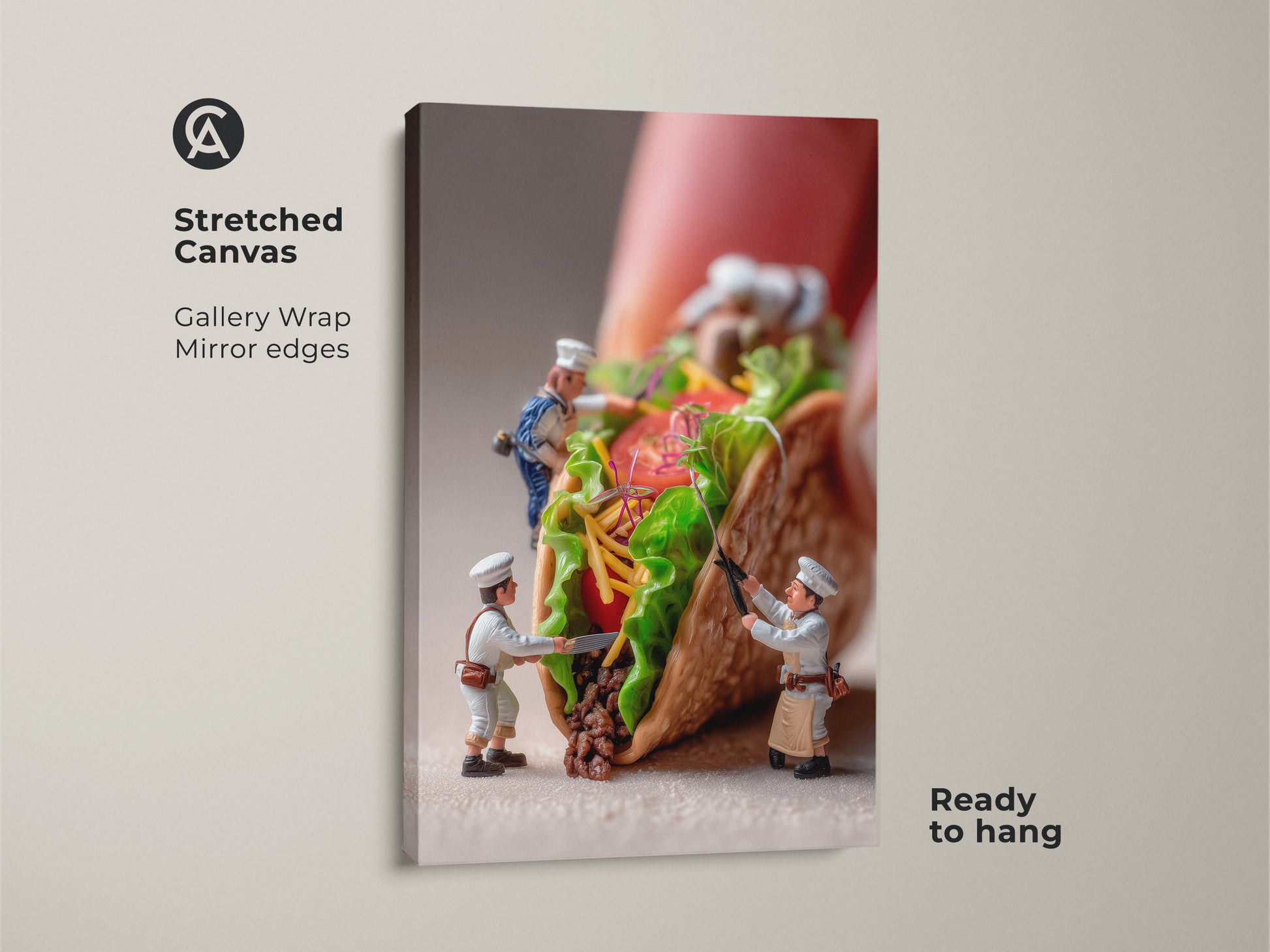 This stretched canvas art features tiny chefs making a huge taco. The gallery-wrapped artwork is ready to hang. It brings a fun culinary scene to your wall. Perfect for adding a touch of whimsy to your kitchen or dining area. Shop now for unique food art.