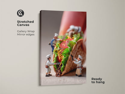 This stretched canvas art features tiny chefs making a huge taco. The gallery-wrapped artwork is ready to hang. It brings a fun culinary scene to your wall. Perfect for adding a touch of whimsy to your kitchen or dining area. Shop now for unique food art.