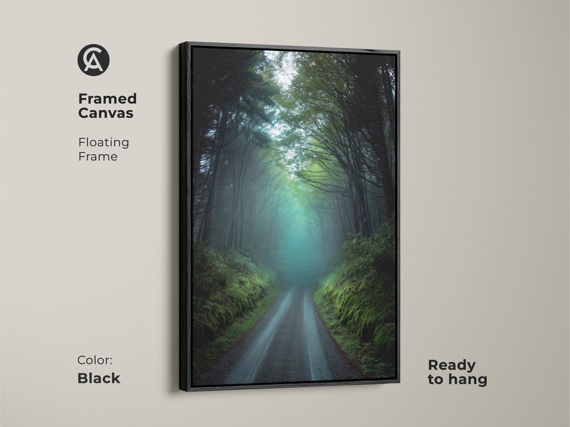Framed canvas art featuring a misty forest road in a black floating frame. This dark green and teal nature landscape brings rustic woodland charm to your walls. Ready to hang this artwork showcases foggy trees. It enhances any space as a serene forest print. Ideal as a housewarming gift