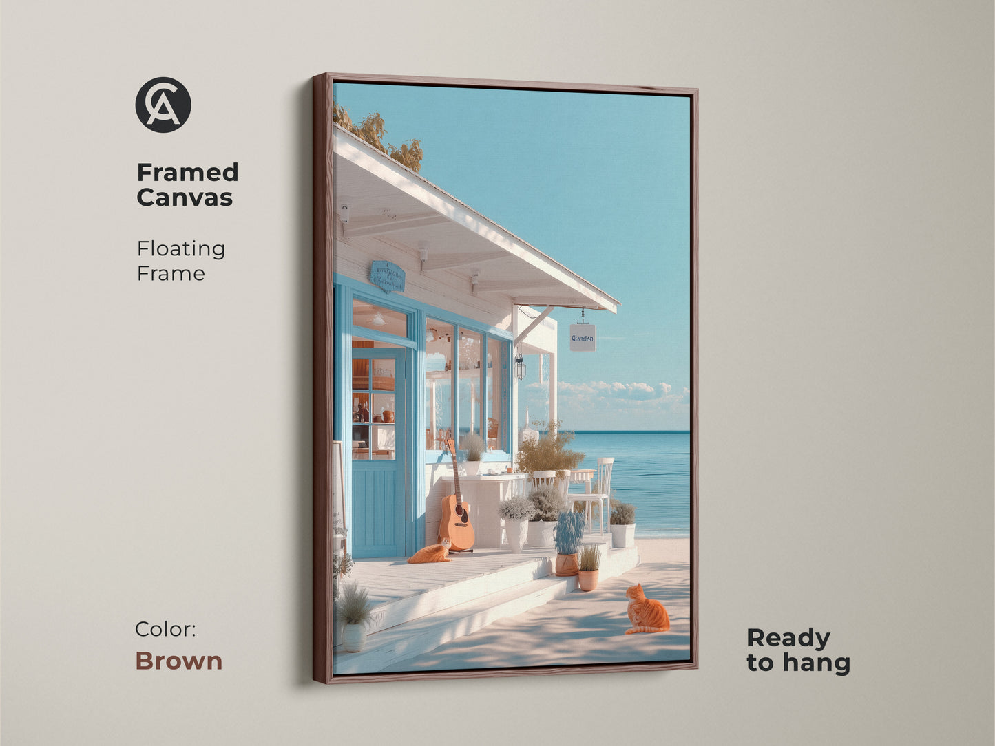 Brown framed canvas art print featuring a tranquil beach cafe. The floating frame accentuates the coastal artwork's beauty. A guitar and orange cat create a relaxed atmosphere. This ready-to-hang piece adds warmth to your decor.
