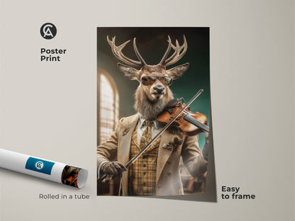 Poster print showcasing a deer dressed in a suit playing a violin. This musician animal artwork arrives rolled in a tube and is easy to frame. Tan and brown tones create an eclectic look perfect for a home office. This whimsical deer art is a unique gift for music lovers adding charm to any space.