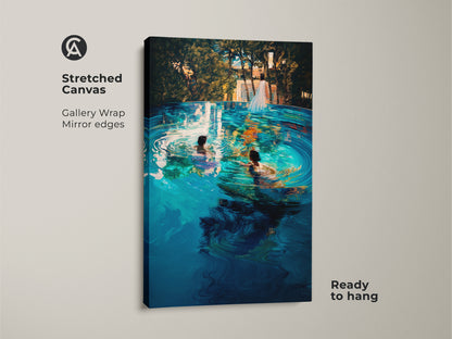 Stretched canvas artwork showing a turquoise infinity pool with a swimming couple. Ready to hang this gallery-wrapped art adds a modern touch to any room. Mirror edges enhance the contemporary style making it ideal for housewarming gift.