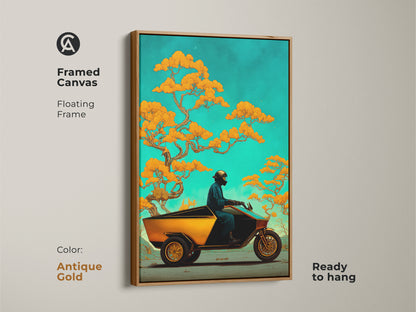 Elevate your decor with this framed canvas featuring a surreal trike and bonsai artwork. An antique gold floating frame accentuates the fantasy art. Ready to hang for unique eclectic adventure decor.