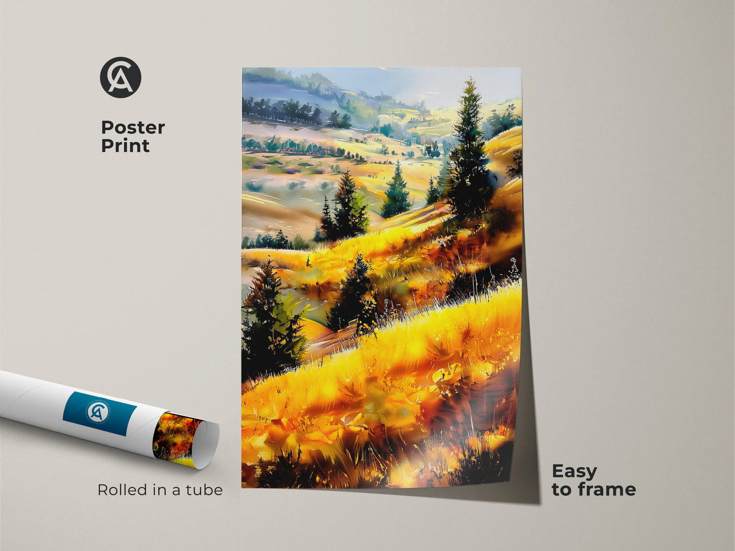 Yellow landscape painting poster print rolled in a tube. Rustic nature artwork of trees and hills art. This easy-to-frame wall decor brings country style to any space.