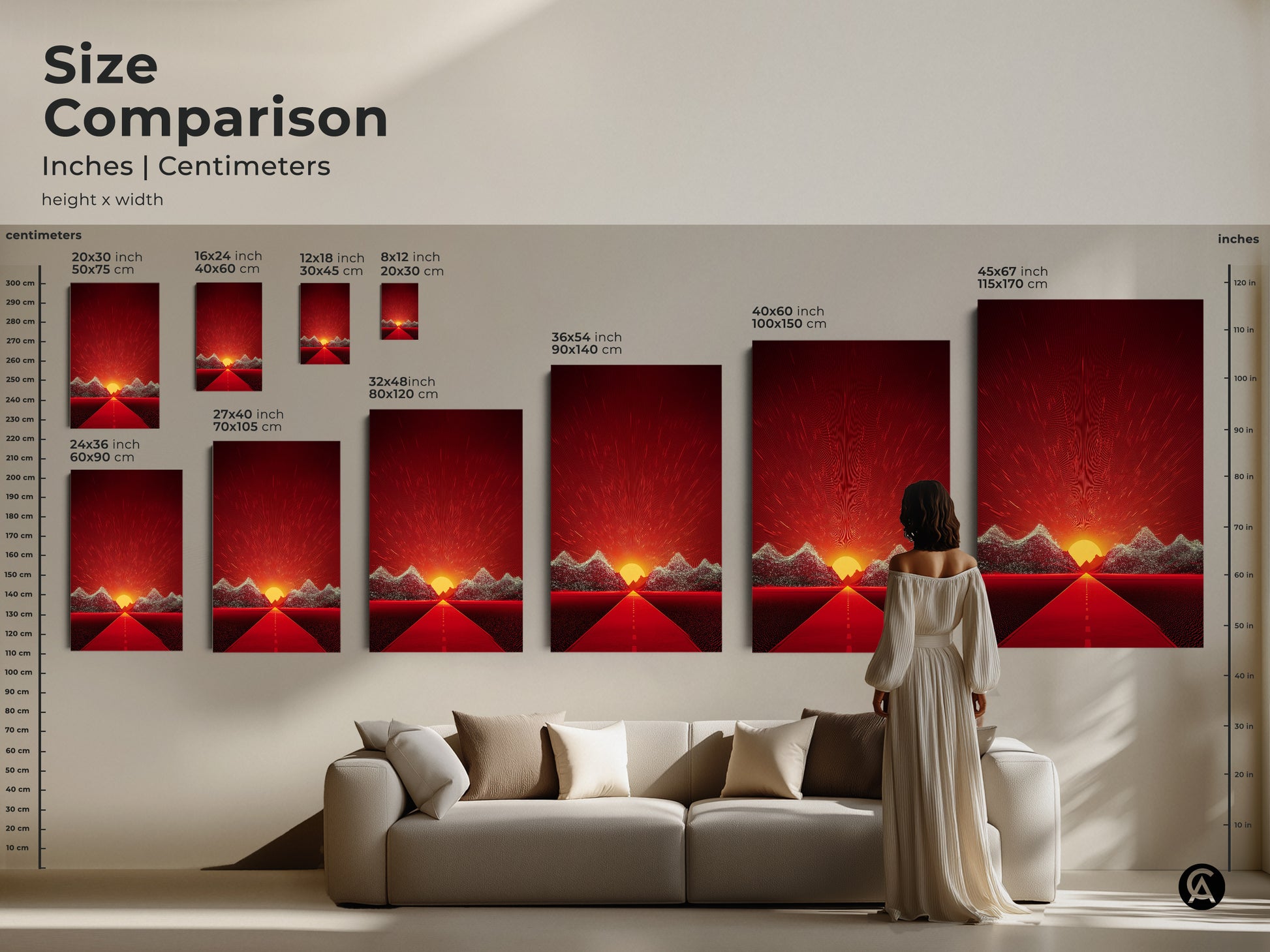 Size Comparison of Abstract Landscape Art Print. Various sizes are displayed in inches and centimeters. The artwork features a retro futurism road sunset canvas creating an eclectic wall decor.
